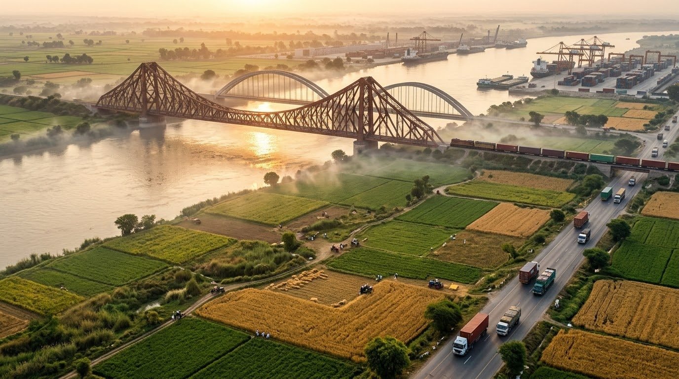 River, farmland, highway and port in Sindh at sunrise
